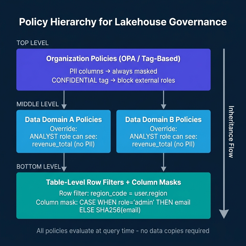 Three-level policy hierarchy showing organization-level OPA tag-based policies at top flowing down to data domain policies and then to table-level row filters and column masks